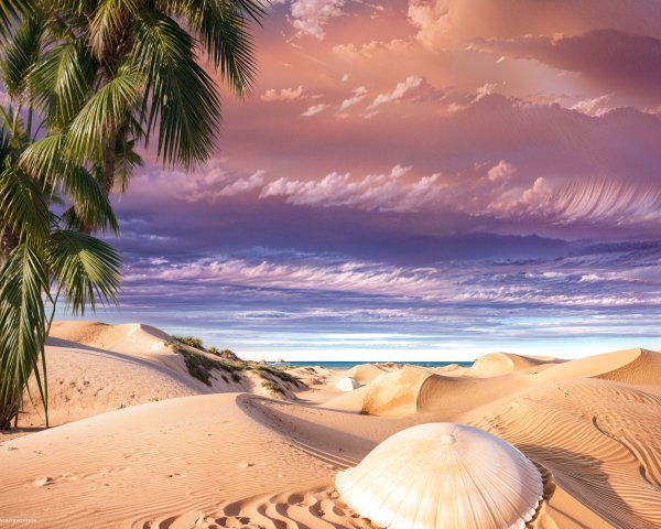 Serene Desert Landscape with Seashell and Palm Tree