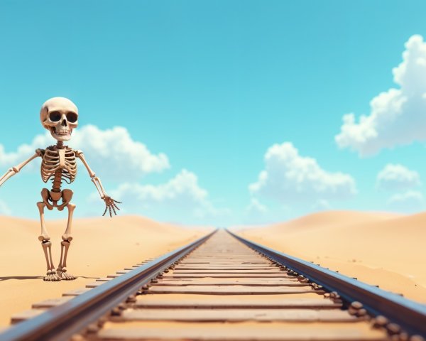 Cartoon Skeleton on Train Track in Desert Landscape