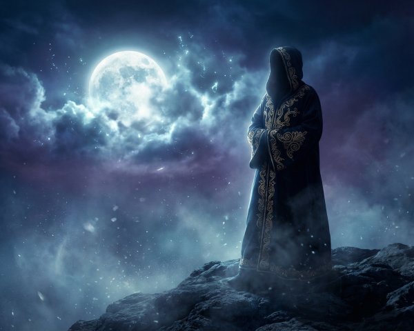 Hooded Figure on Cliff Under Luminescent Full Moon