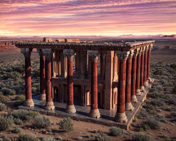 Ancient Structure with Red Columns at Sunset