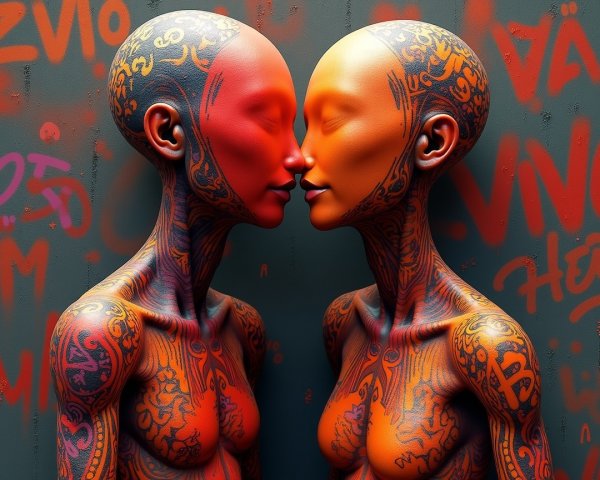 Stylized humanoid figures with vibrant tattoos and graffiti