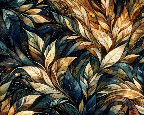 Intricate Pattern of Swirling Leaves in Gold and Blue