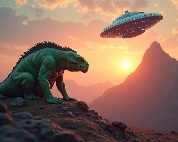 Dinosaur-like Creature Observes UFO at Sunset