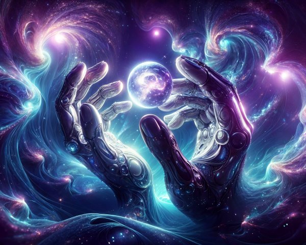 Metallic Hands Cradling Glowing Orb in Cosmic Swirl