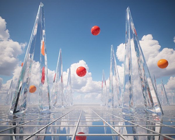 Surreal landscape with crystal spires and colorful spheres