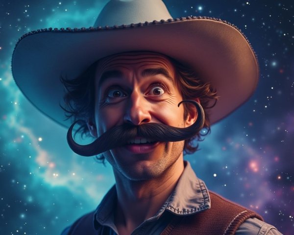 Cheerful Man in Cowboy Hat Against Cosmic Background