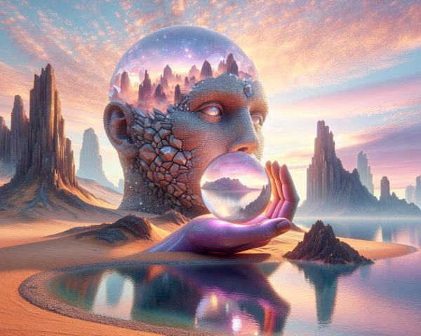 Surreal Landscape with Fragmented Giant Head and Sunset