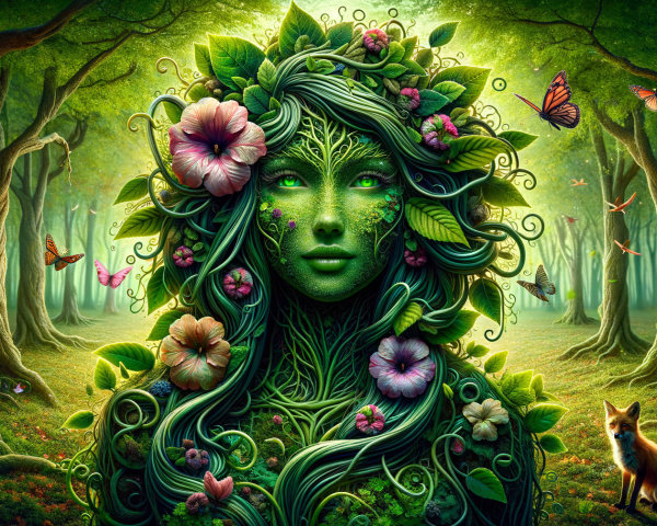 Mystical Nature Figure Surrounded by Forest Elements