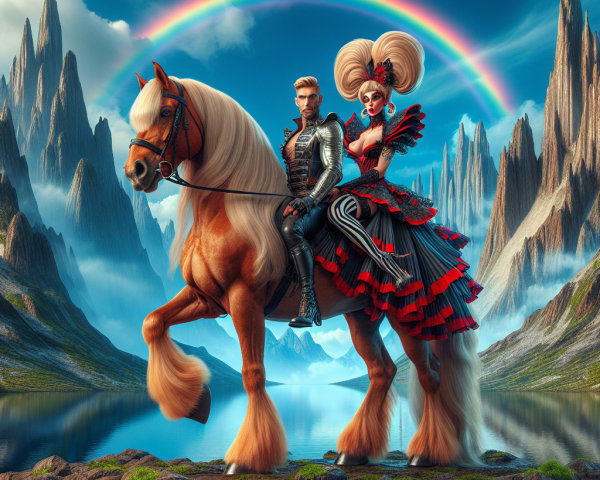 Fantasy Scene with Horse, Rainbow, and Mountains