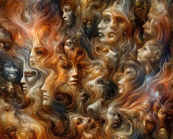 Ethereal Faces in Vibrant Abstract Composition