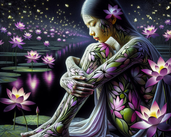 Serene figure by tranquil pond with luminous lotus flowers