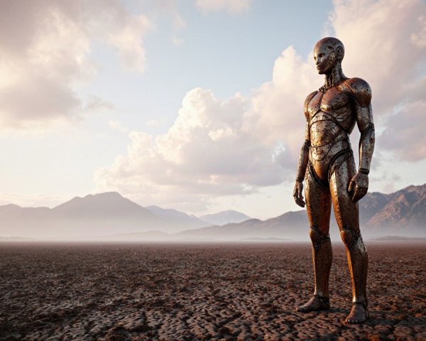 Humanoid Robot in a Barren Post-Apocalyptic Landscape