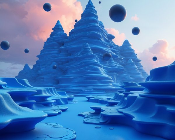 Surreal Landscape with Blue Mountains and Black Spheres