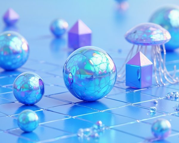 Surreal Composition of Iridescent Spheres and Shapes