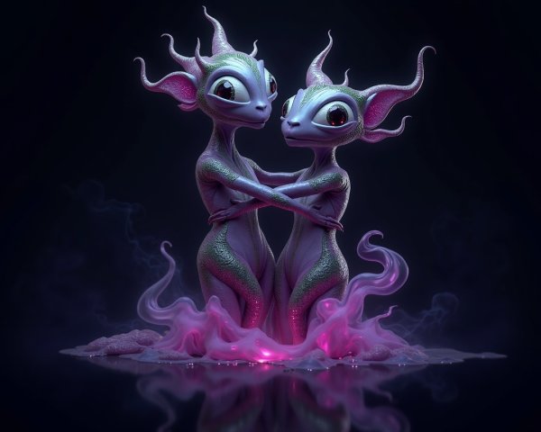 Whimsical Extraterrestrial Beings on a Glowing Platform