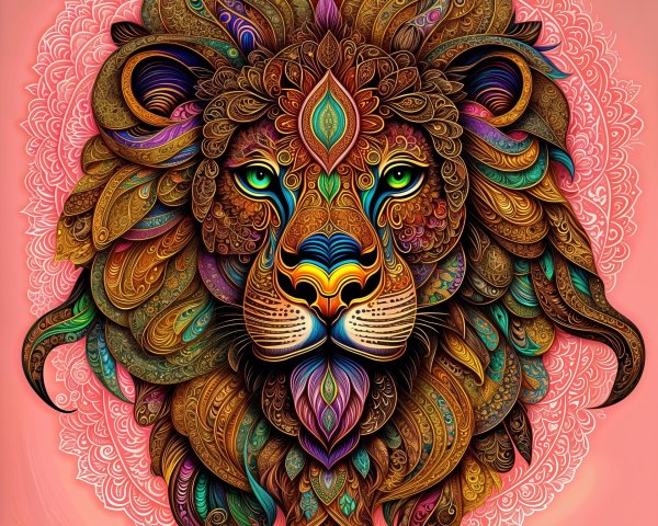 Vibrant Lion's Head Illustration with Floral Patterns