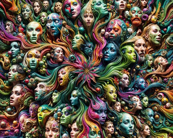 Colorful Surreal Faces in Intricate Tapestry Design