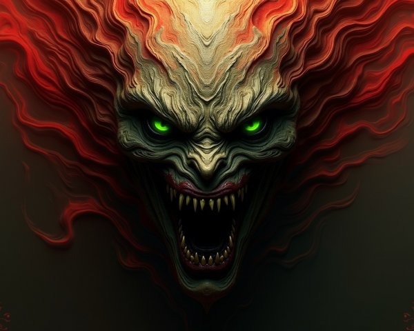 Monstrous face with glowing eyes and fiery hair