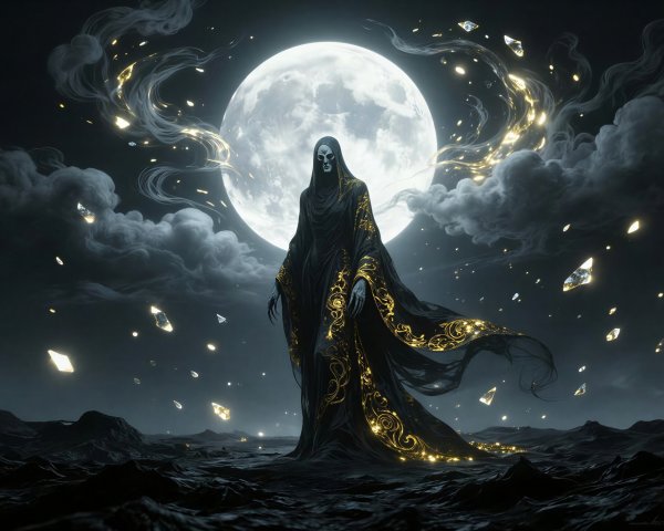 Skeletal Grim Reaper in Cloak Against Full Moon Scene