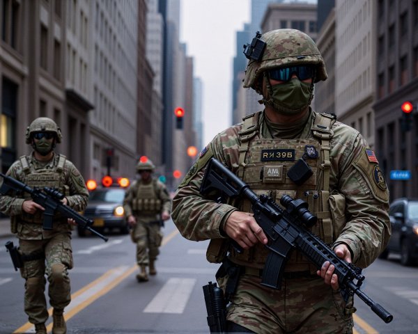 Soldiers in Tactical Gear Patrolling Urban Street