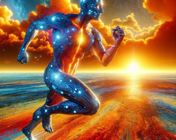 Futuristic humanoid figure in vibrant abstract landscape