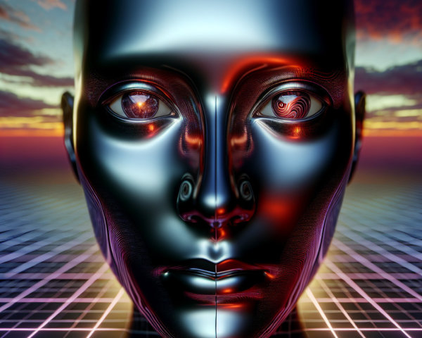 Sleek Metallic Humanoid Face Against Vibrant Sunset