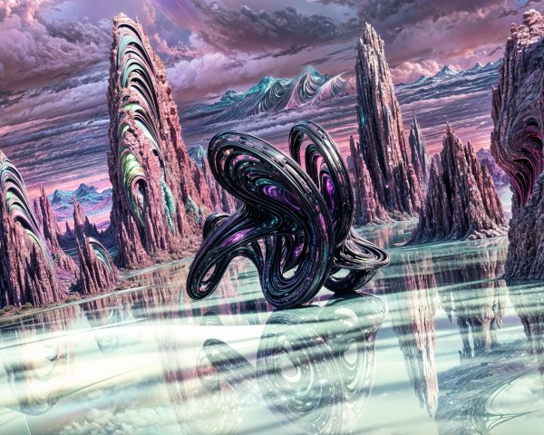 Surreal Landscape with Abstract Formations and Vibrant Skies