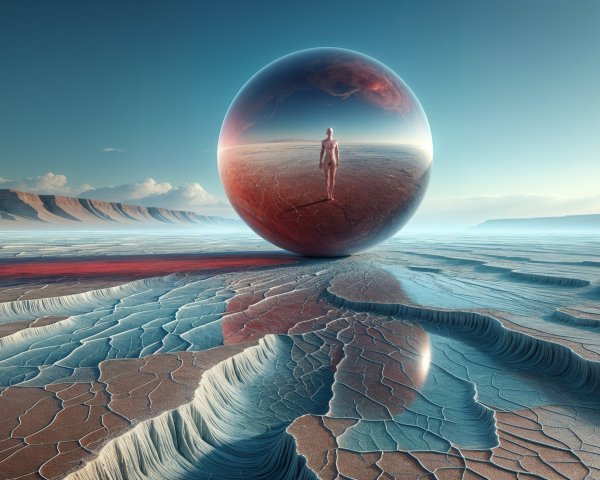 Reflective Orb in a Surreal Landscape with Solitary Figure