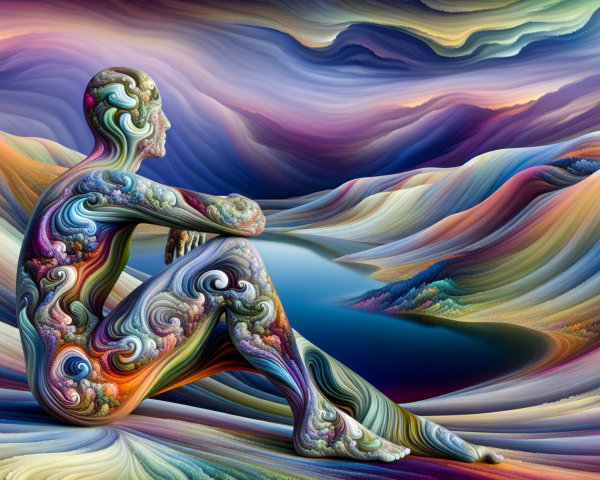 Abstract Figure in a Vibrant, Dreamlike Landscape