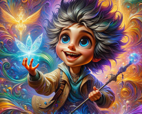 Joyful boy with butterfly and magical staff in vibrant scene