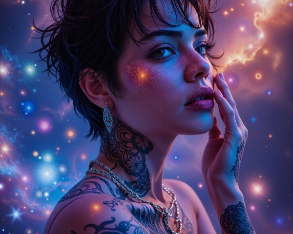 Portrait of a contemplative person with tattoos in space