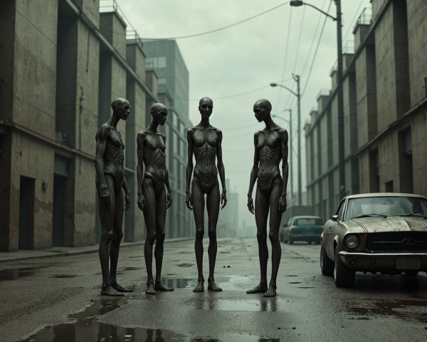Humanoid Figures in a Dystopian Urban Landscape