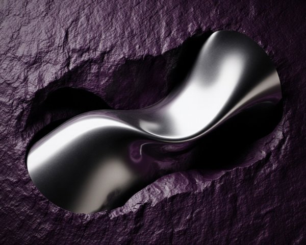 Polished Metallic Sculpture Against Textured Purple Wall
