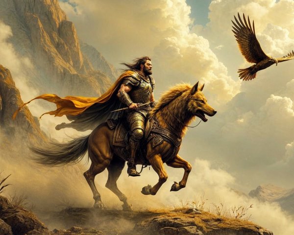 Warrior on Golden Horse in Dramatic Landscape