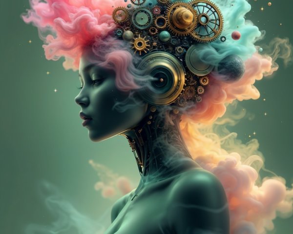 Surreal Portrait of Woman with Cosmic Elements and Gears