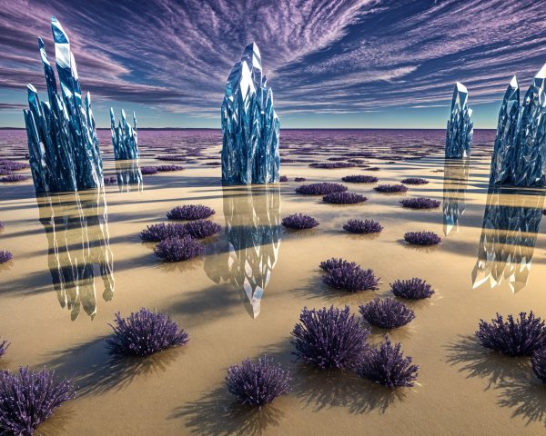 Surreal Landscape with Crystalline Formations and Water