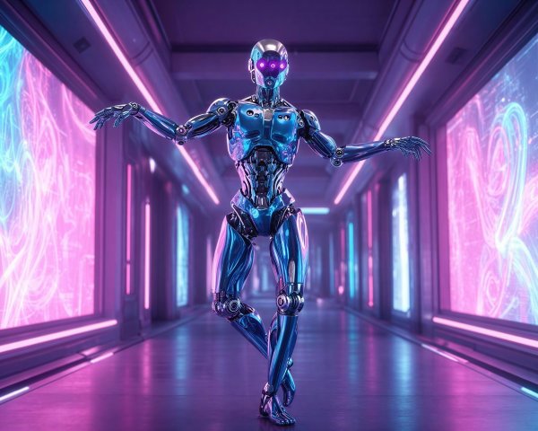 Chrome Silver Robot in Ballet Pose in Cyberpunk Hallway