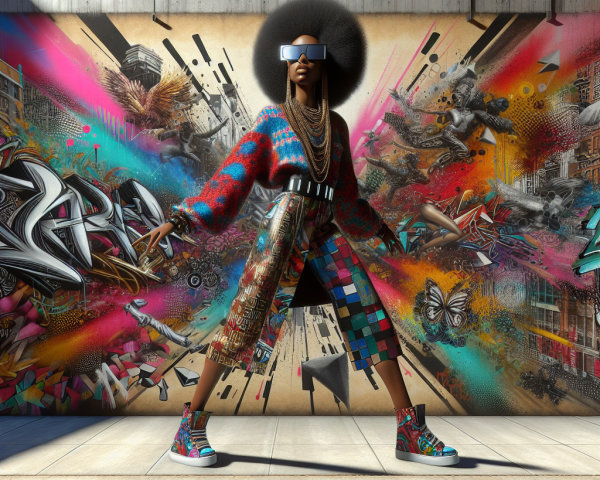 Fashionable figure in front of vibrant urban mural