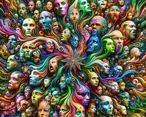 Abstract Composition of Colorful Faces and Emotions