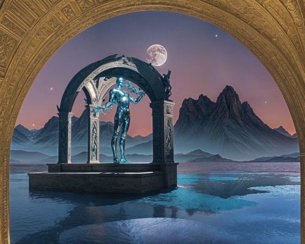 Futuristic Metallic Statue in Tranquil Lake Setting