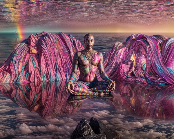 Serene Figure on Reflective Surface in Dreamlike Landscape