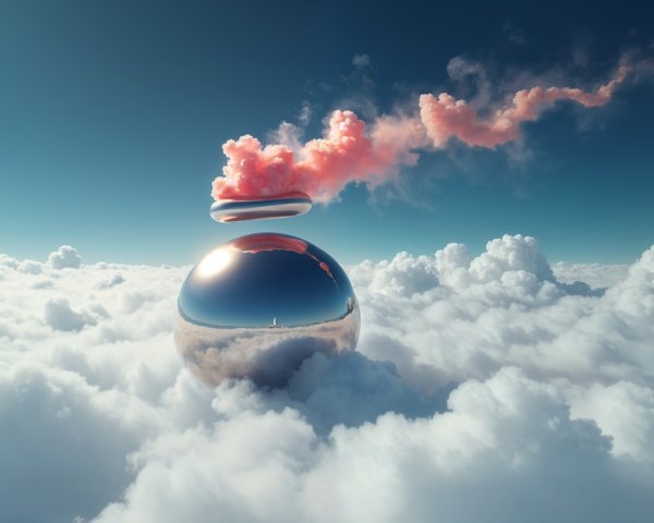 Spherical Object with Pink Smoke in Cloudy Sky