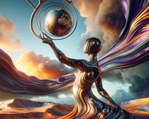 Surreal Landscape with Metallic Figure and Globe
