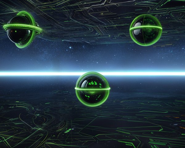 Futuristic landscape with glowing spheres and grid surface