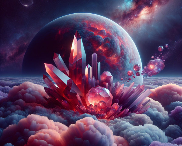 Cosmic Scene with Crystals and Colorful Planet