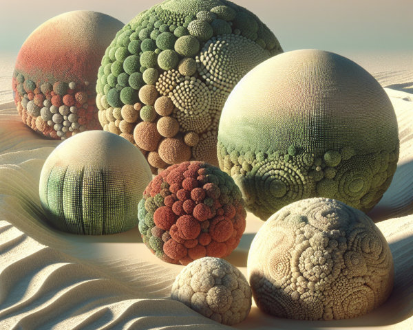 Textured Spheres on Sandy Landscape with Pastel Sky