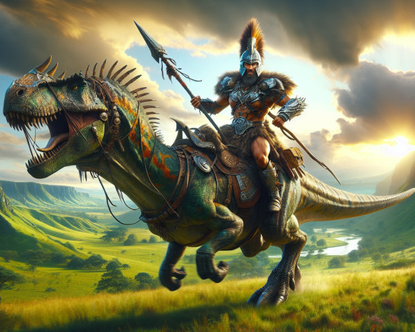 Warrior on Dinosaur in Lush Landscape with Dramatic Sky