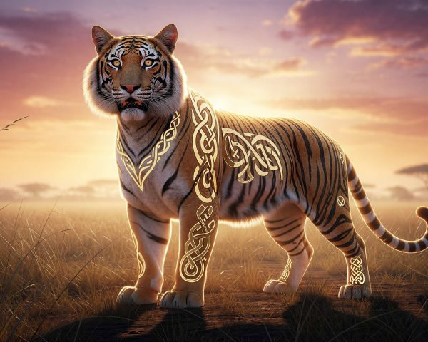 Bengal tiger in sunset field with Celtic patterns