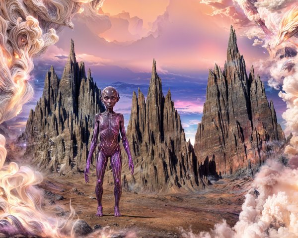 Humanoid Figure in Surreal Mountain Landscape