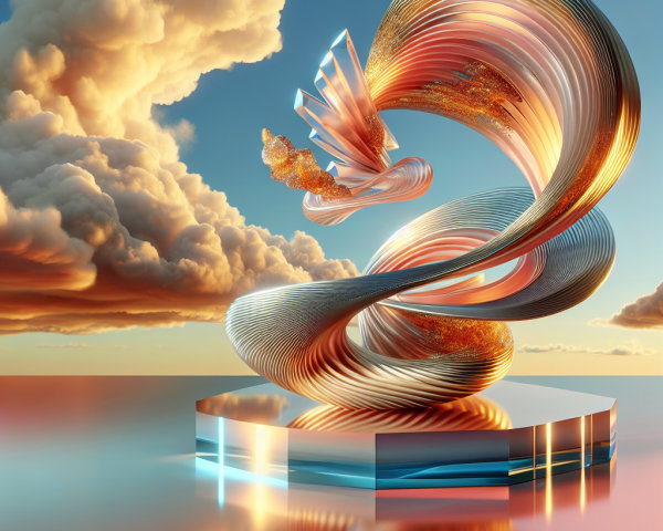 Swirling Metallic Sculpture in Vibrant Landscape